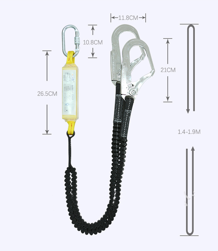 フルハーネス型用 2丁掛けタイプ ランヤード ダブルランヤード 伸縮 蛇腹式ロープ フック 安全帯用 一般作業用 1.4-1.9m_画像1