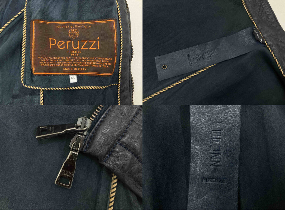 Peruzzi Firenze ぺルッチ レザー ジップアップジャケット イタリア製 サイズ48 ネイビー 店舗受取可_画像9