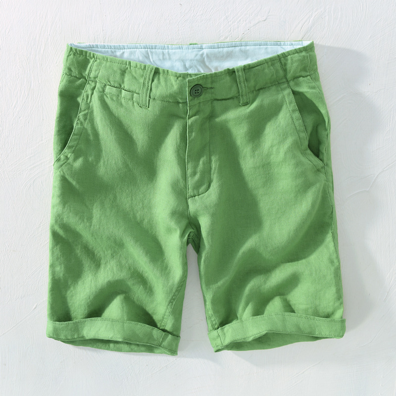 新品 夏 メンズ ショートパンツ 半ズボン 無地 ハーフパンツ 麻100％ リネンパンツ 涼しい 海パン 五色 w29～w38選択可 グリーン_画像1