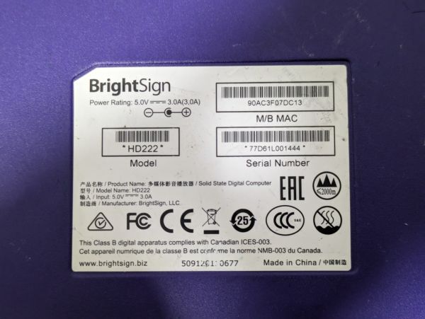 BrightSign media player HD2 series HD222 operation not yet verification 