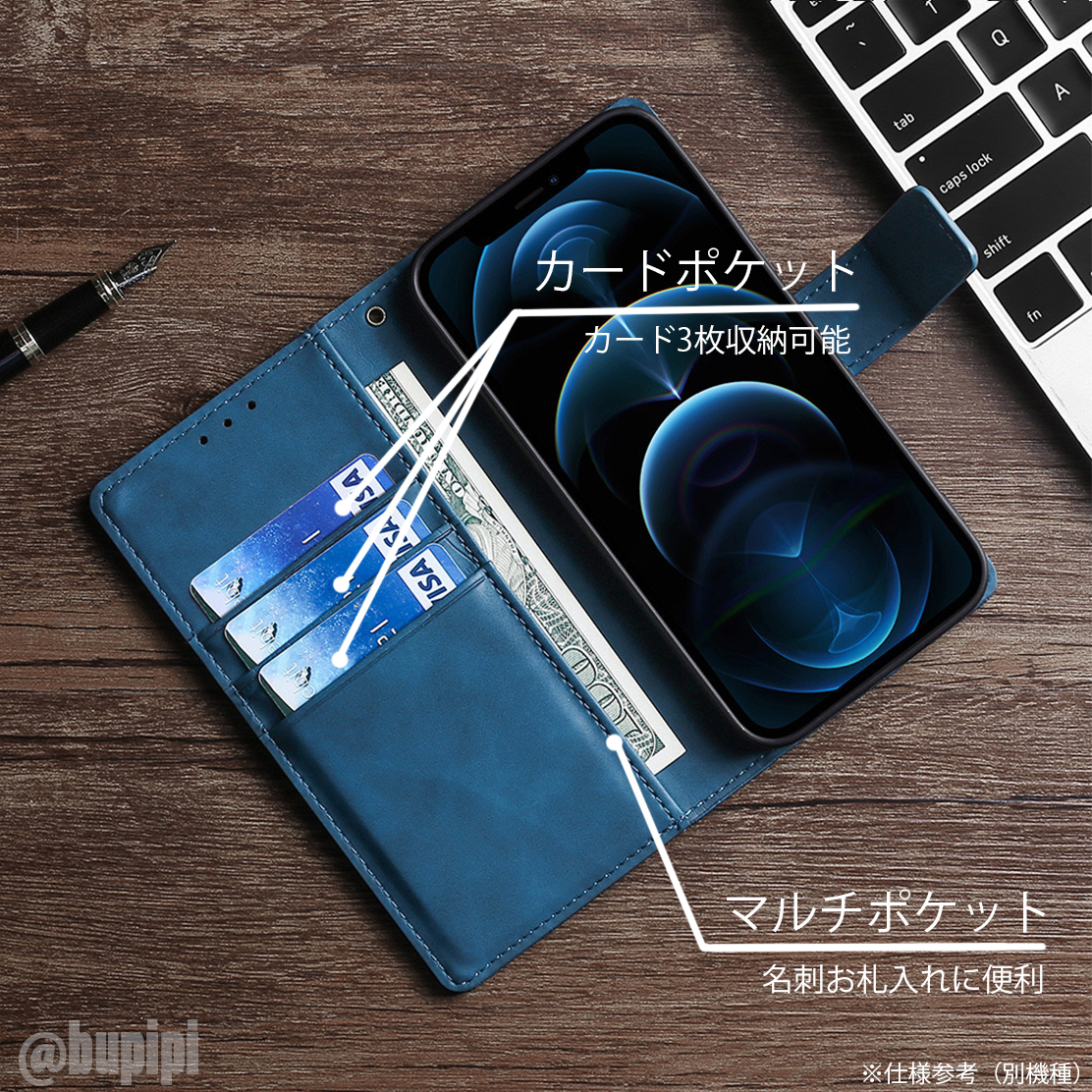 手帳型 スマホケース 高品質 レザー iphone 15pro 対応 本革調 ブルー カバー クロコダイル モチーフ _画像2