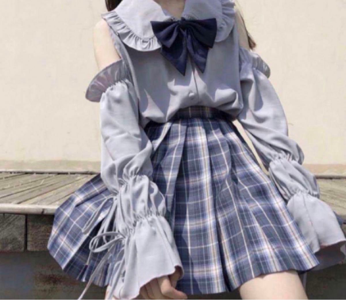 地雷系　ブラウス　長袖　ロリータ　フリル　制服　セーラ服　肩あき　グレー　大きいサイズ　イベント