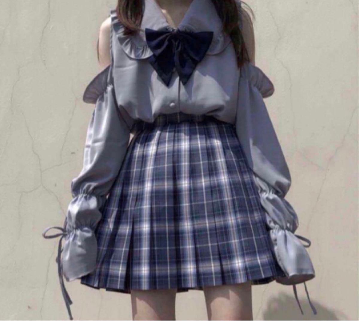 地雷系　ブラウス　長袖　ロリータ　フリル　制服　セーラ服　肩あき　グレー　大きいサイズ　イベント