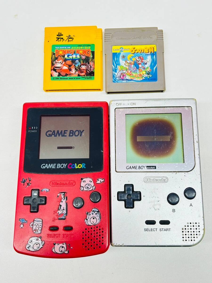 Y513-K44-4244 Nintendo GAMEBOY POCKET GAMEBOY COLOR 本体×2点 CGB-001 MGB-001 レッド シルバーカラー カセット×2点 通電確認OK_画像1