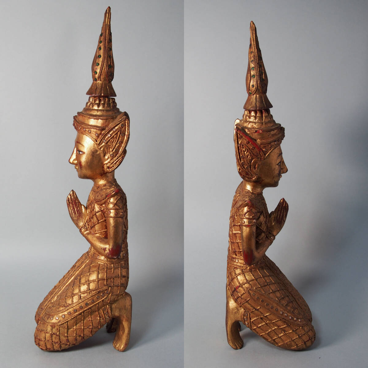 タイ 木製 仏像 テッパノム像 紅地 金塗 高さcm アンコールワット サワディ 木彫 仏教美術 密教 アユタヤ B5_画像2