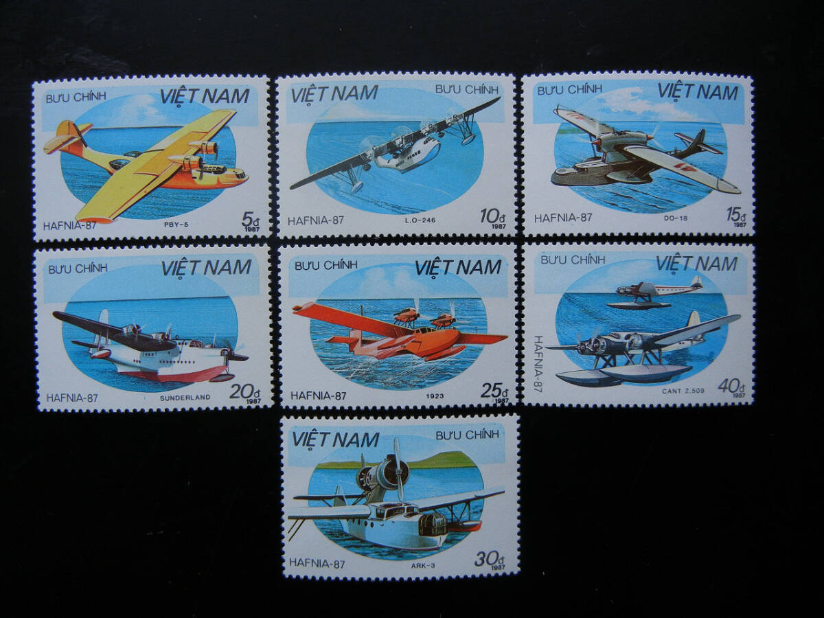 美品　ベトナム　'87年発行　「飛行機　コペンハーゲン 国際切手展」　小型シート+単片７種　未使用　NH　_画像4