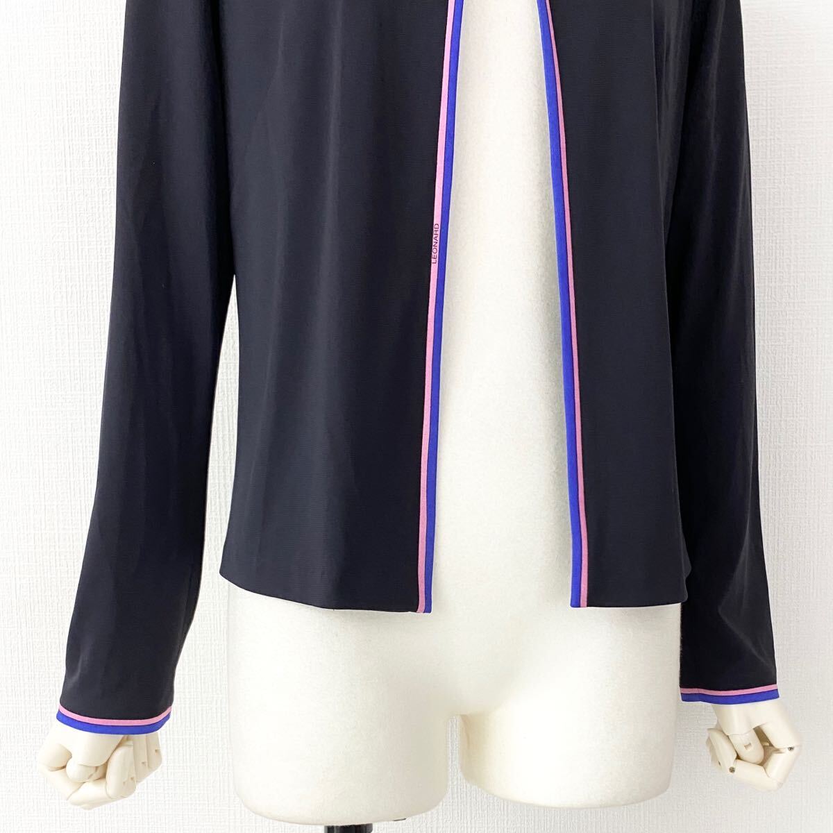 Ge4《極美品》LEONARD レオナール カンカン素材 カーディガン ボレロ 薄手ジャケット パイピング M ダークネイビー レディース 日本製の画像5