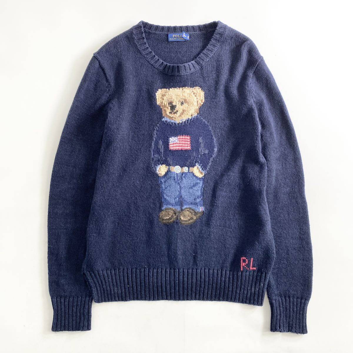 Ze11 POLO RALPH LAUREN ポロ ラルフローレン ポロベア サマーニット ニットセーター コットンリネン S ネイビー メンズ 紳士服 男性用_画像1