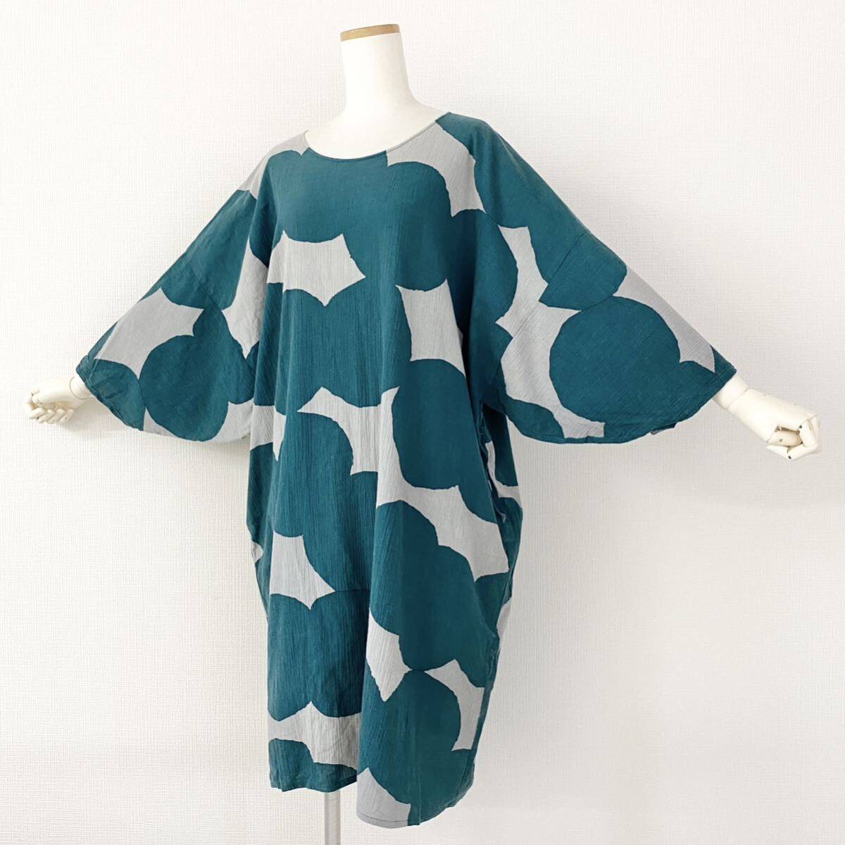 Ge13{ beautiful goods } made in Japan SOU SOU saw saw height island . slope tail woven thing total pattern short sleeves One-piece Japanese clothes One-piece free size lady's spring summer green group 