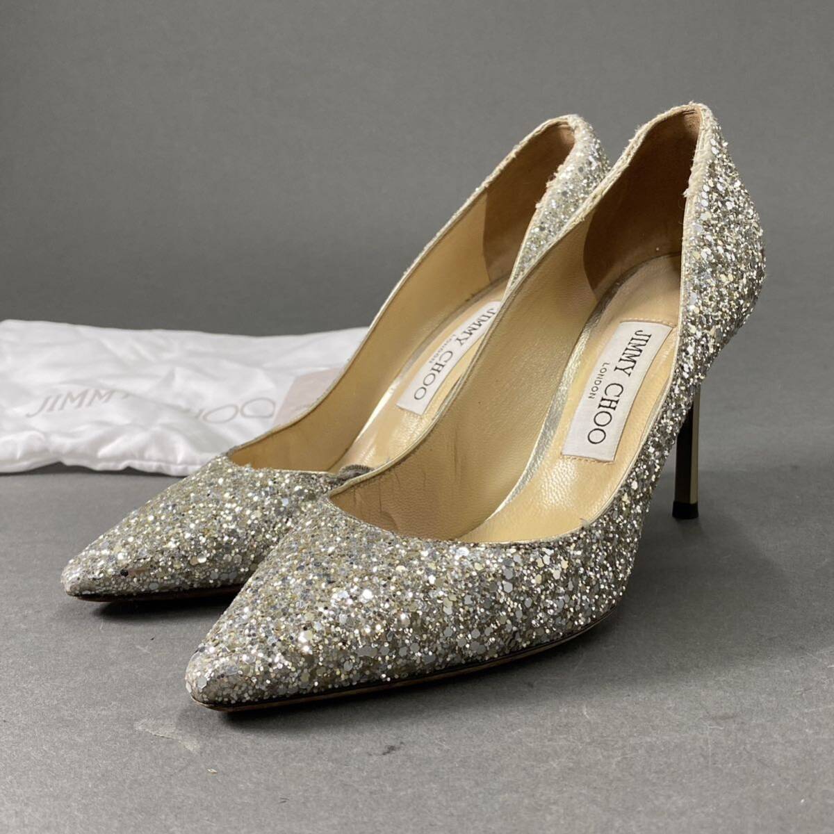 Ge14 イタリア製 JIMMY CHOO ジミーチュウ ROMY100 PLATINUM ICE ピンヒール ヒールパンプス 37 24cm シルバー レディース 女性用_画像1