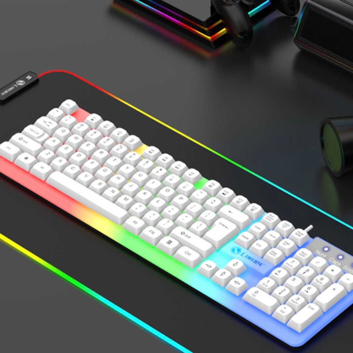 光るキーボード 7色光るマウス テンキー付き かっこいい人気 PC 白色 有線 