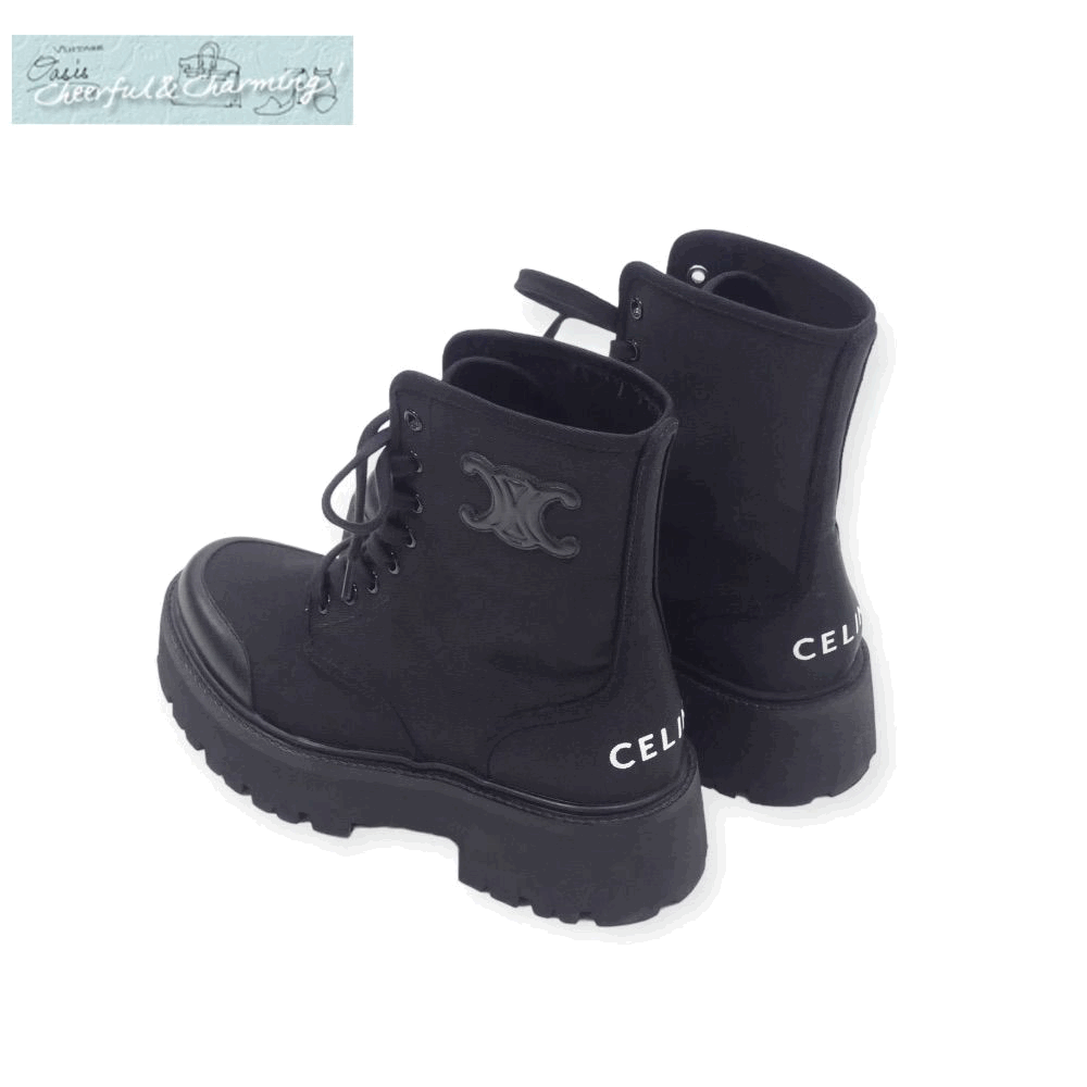 CELINE bar key race up boots 38 black nylon × car i knee bru Logo go in 345597004C