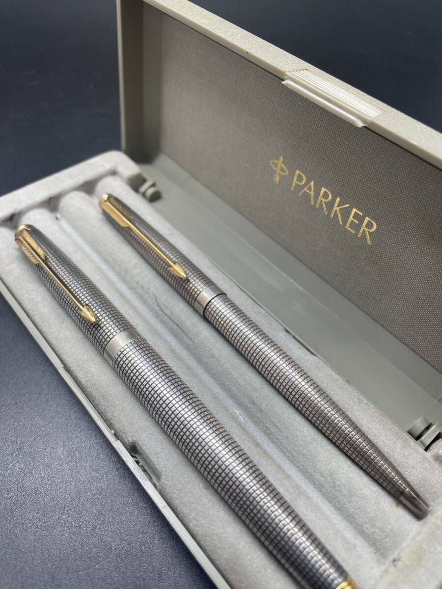 PARKER パーカー STERLING CAP&BARREL 格子 万年筆 ボールペン 筆記未確認 14Kペン先 F スターリング 17829の画像1