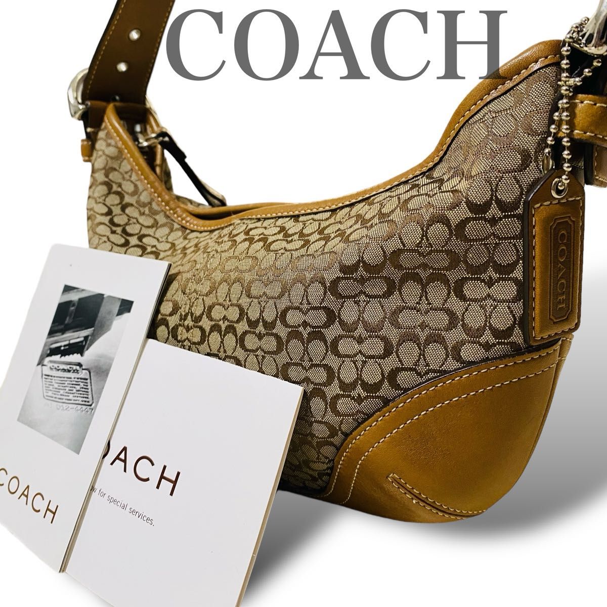 コーチ　COACH ハンドバッグ　ワンショルダー　アクセサリーポーチ　キャンバス　レザー　ブラウン　キャメル　ミニシグネチャー