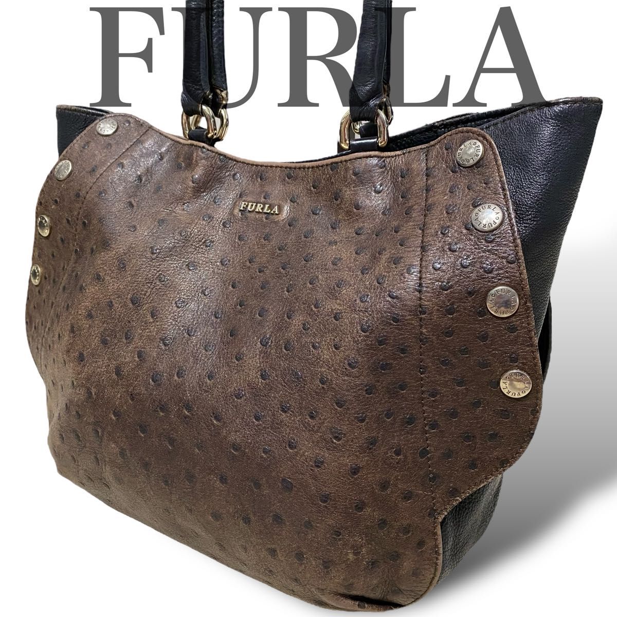 希少　フルラ　FURLA トートバッグ　オーストリッチ型押し　肩掛け　肩かけ　ハンドバッグ　2way ブラウン　レザー　本革　通勤