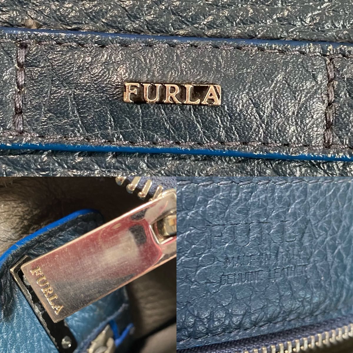 フルラ　FURLA トートバッグ　レザー　本革　A4収納　PC タブレット　ビジネス　通勤　通学　三層　ブルー　青　肩掛け　シボ革