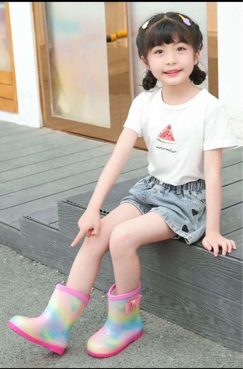 キッズ 子供 レインブーツ 長靴 リボン レインボー 雨具 保育園 15cm 韓国 通園 通学 女の子 ピンク レインシューズ