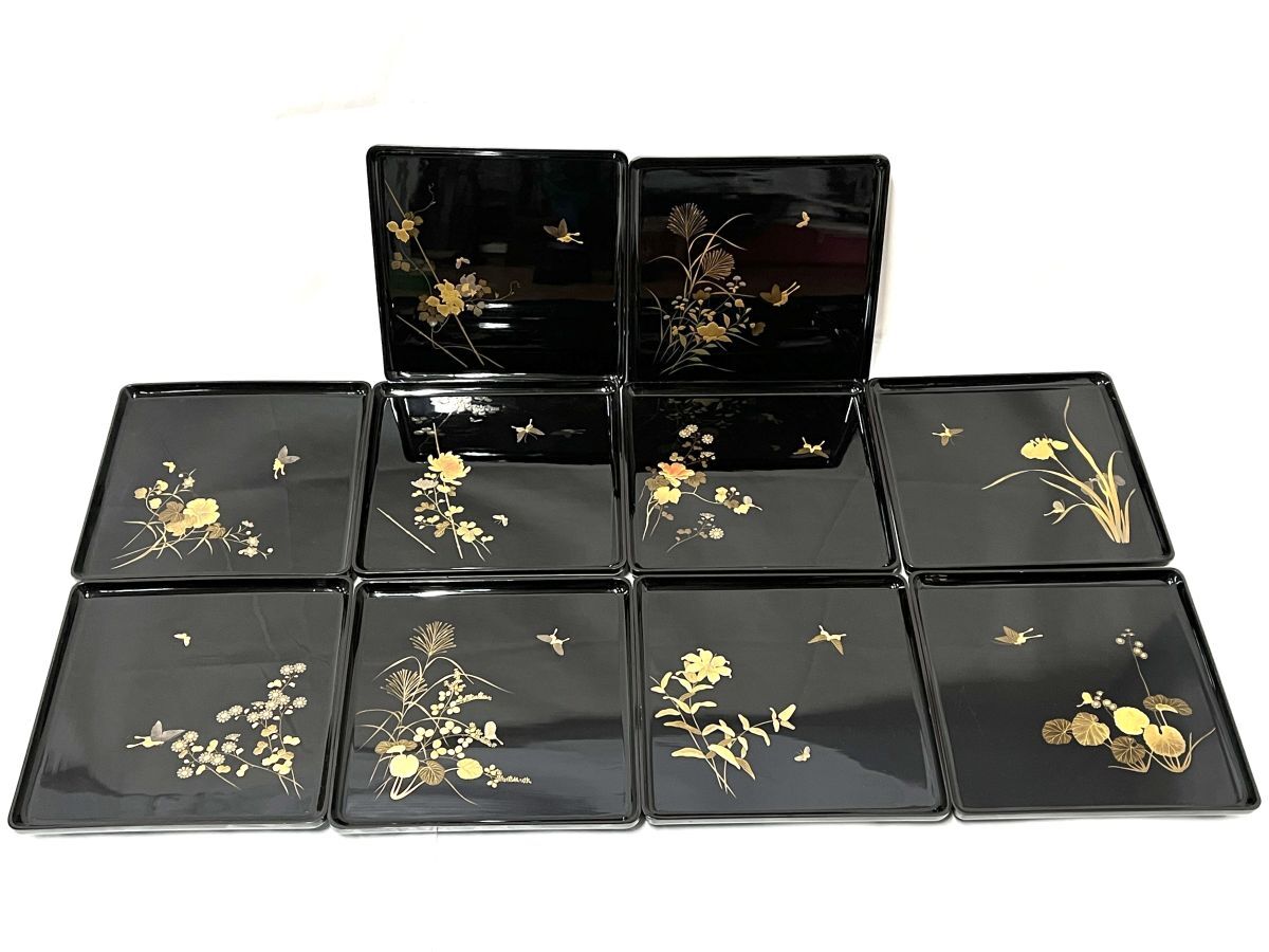 【E640】吸物膳 10客セット 金蒔絵 四季 草花 年代物 本堅地布着 蔵出し品 お膳 レトロ 輪島塗 黒 角盆 bの画像2