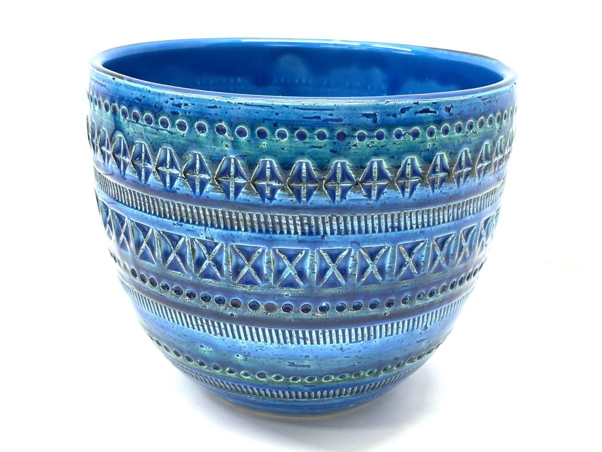 【E765】FLAVIA フラビア イタリア製 フラワーベース 花瓶/鉢 陶器 直径17.7cm/高さ15cm ブルー 青系 インテリア 置物 飾り b_画像1