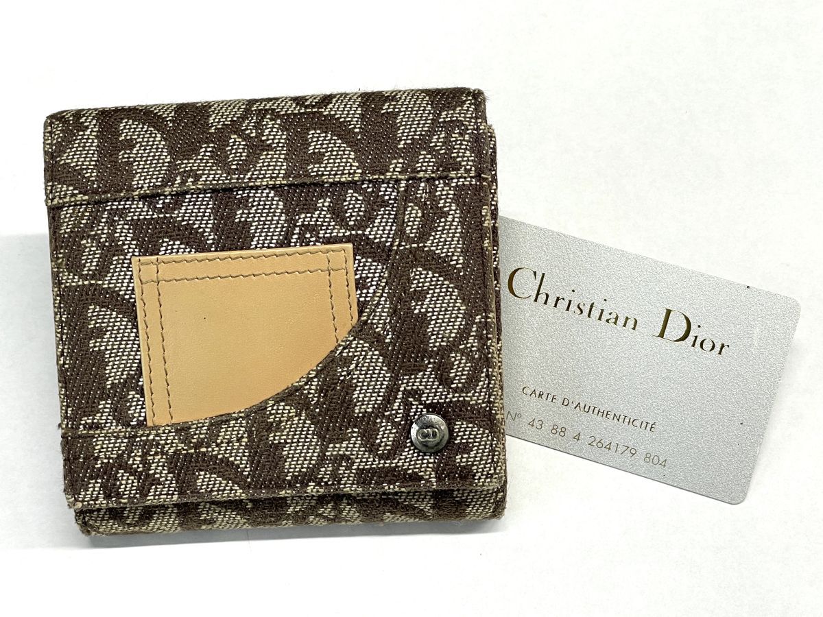 【E806】本物保証 Christian Dior クリスチャンディオール トロッタ柄 トロッター ブラウン 3つ折り 財布 キャンバス レザー b_画像1