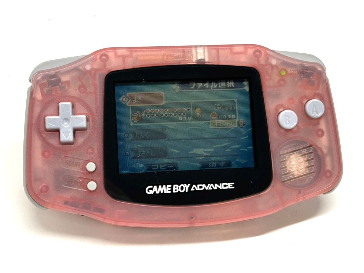 【E815】ゲームボーイアドバンス GBA 本体 AGB-001 ソフト3本 箱付き アダプターセット 動作確認済み レトロゲーム クリアピンク系_画像4