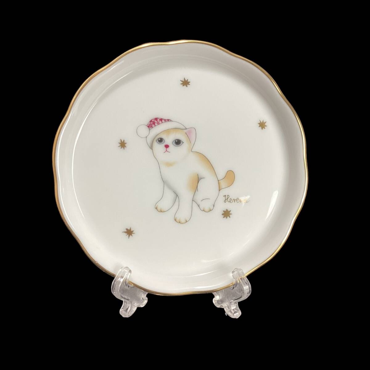 ★未使用★ Herend ヘレンド プチプレート パーティーキャット 猫 ねこ プチトレイ ミニプレート 10cm cat Christmas サンタ plate 小皿_画像2