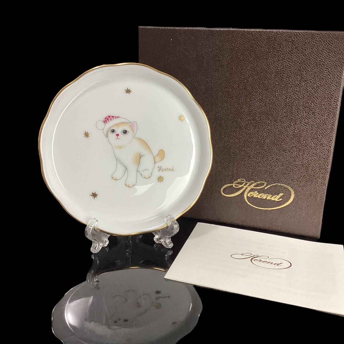 ★未使用★ Herend ヘレンド プチプレート パーティーキャット 猫 ねこ プチトレイ ミニプレート 10cm cat Christmas サンタ plate 小皿_画像1