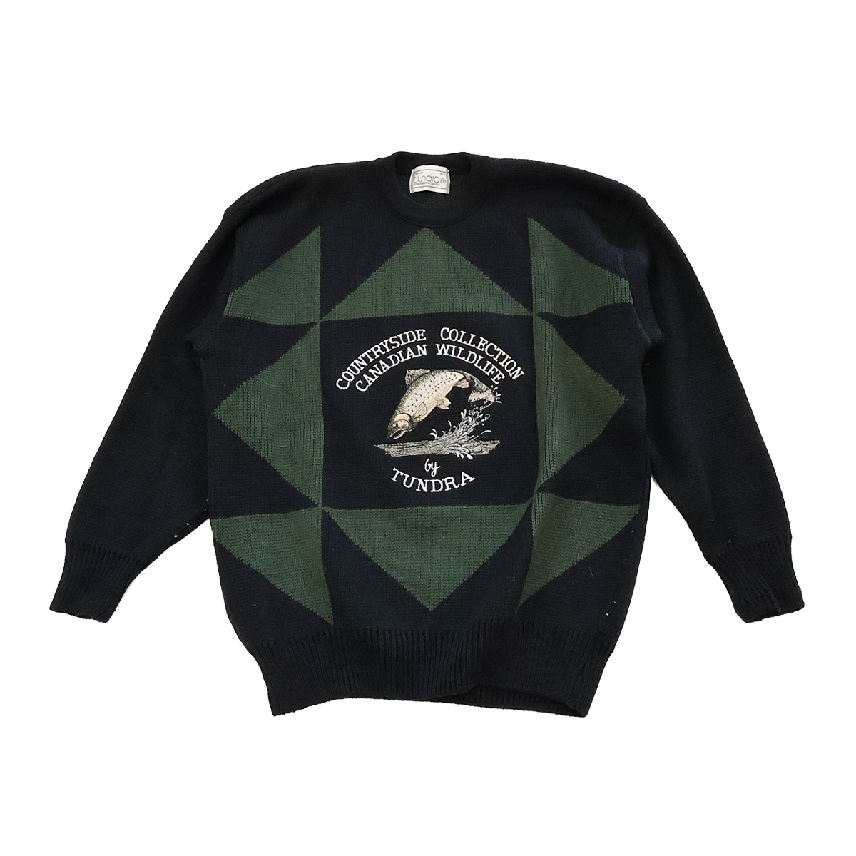 [M размер ]TUNDRA COUNTRYSIDE COLLECTION CANADIAN WILDLIFEtsun гонг Vintage вязаный свитер чёрный × зеленый серия рыба длинный рукав 003FCZFI23