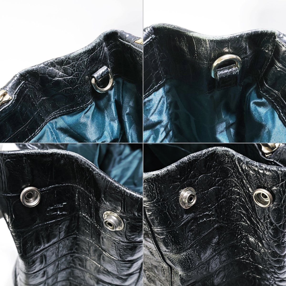 FURLA Genuine Leather フルラ ジェニュインレザー ヴィンテージ ハンドバッグ ブラック系 クロコ型押し 黒 003FCZFI36の画像7