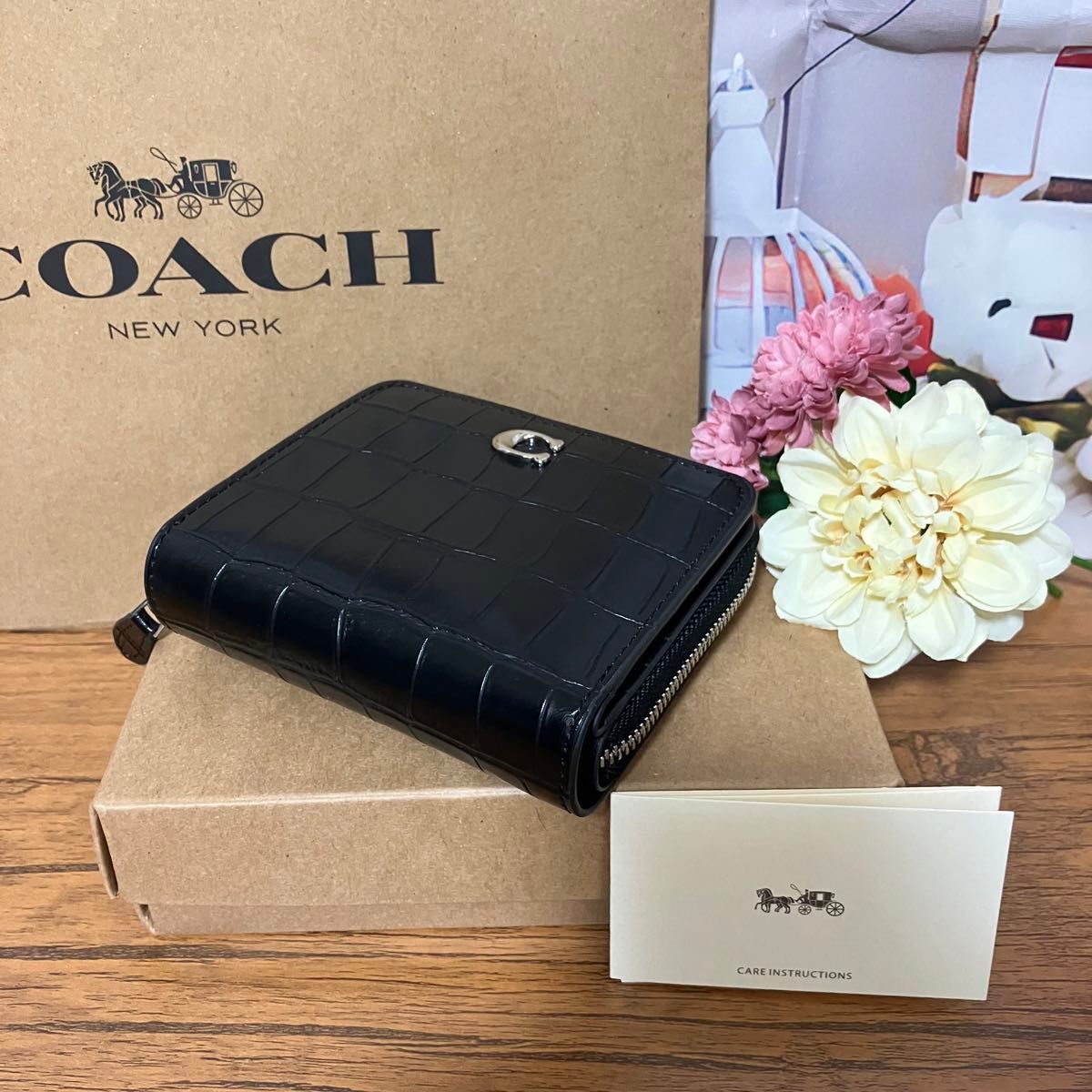 コーチ COACH 折り財布 ビルフォールドウォレット クロコ型押し ブラック アウトレット 新品未使用 ※価格交渉不可※