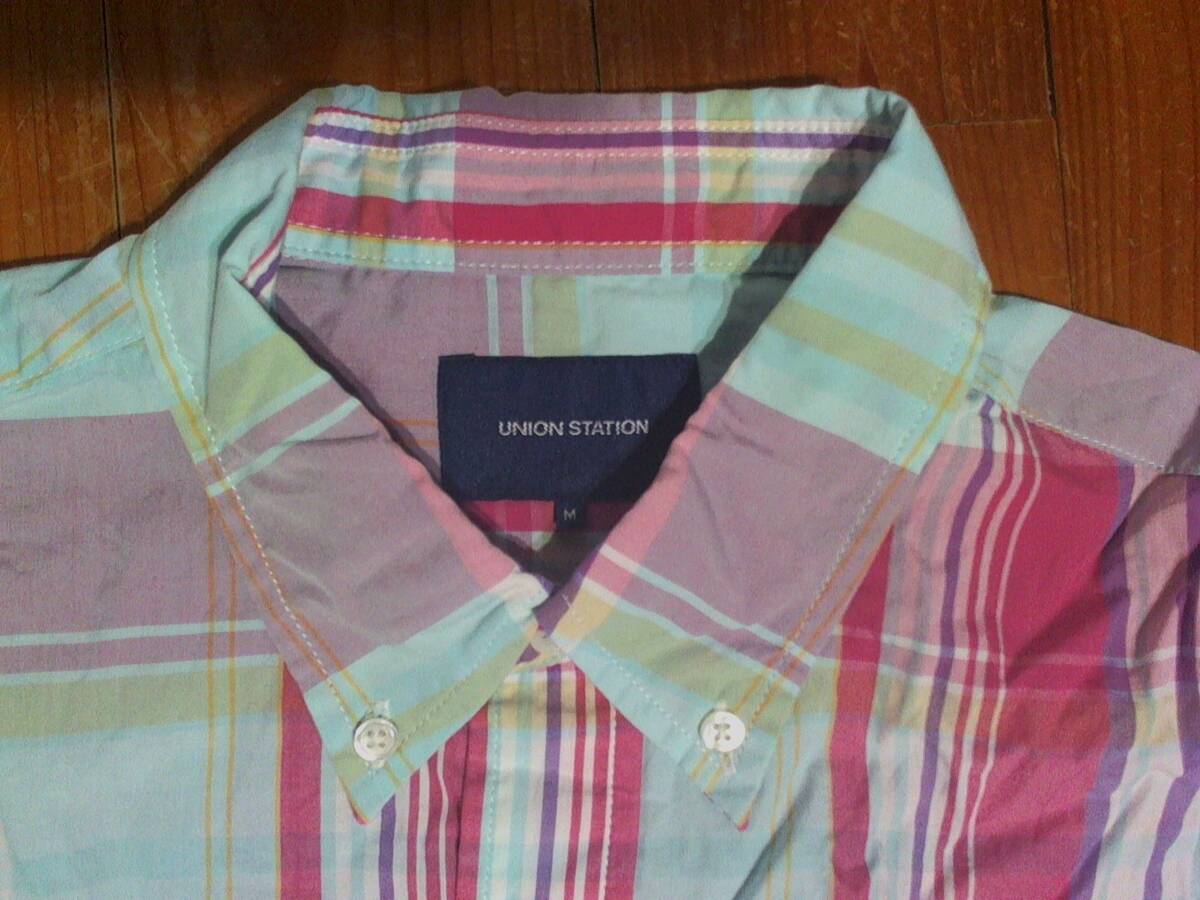  pine * Union station *UNION STATION* button down cotton short sleeves shirt check shirt M light blue purple mazenda