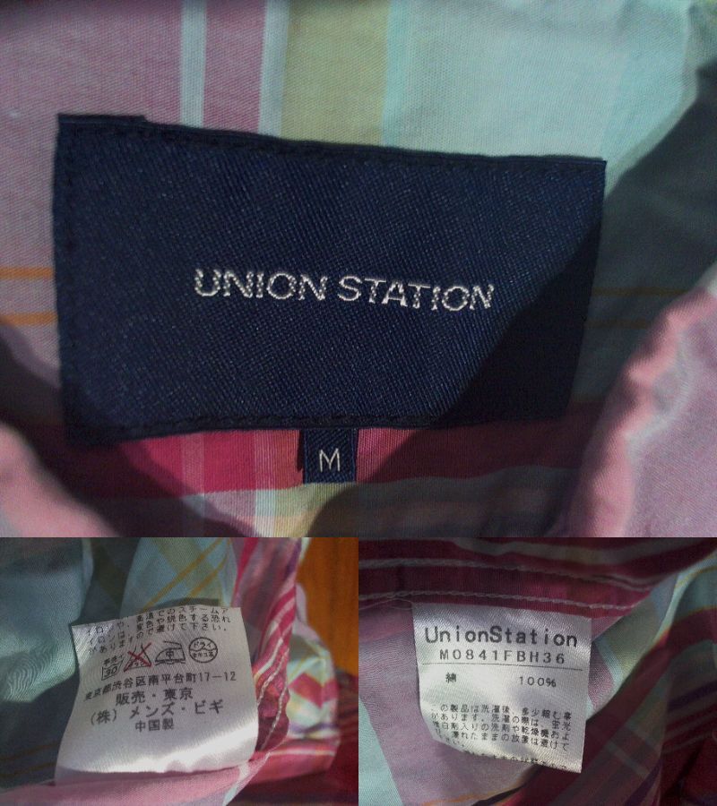  pine * Union station *UNION STATION* button down cotton short sleeves shirt check shirt M light blue purple mazenda