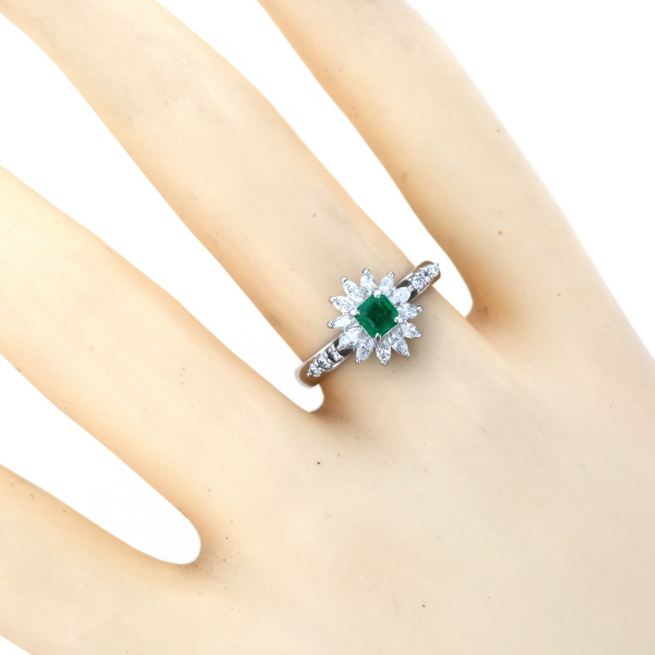 Pt900 platinum ring emerald 0.32ct diamond 0.52ct flower flower taking . to coil ring 10 number [ new goods finish settled ][zz][ used ]