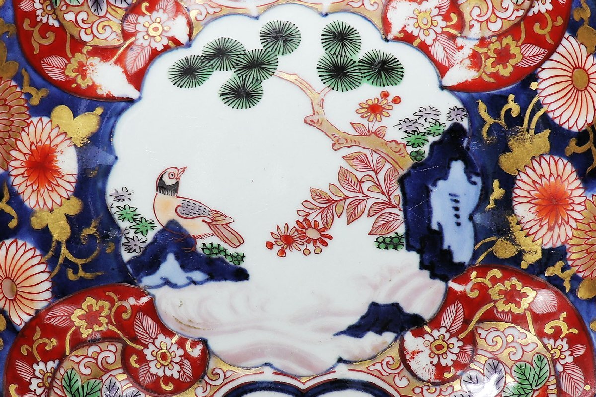 【桃】古伊万里：元禄期色絵松下花鳥図り輪花八寸皿_画像2