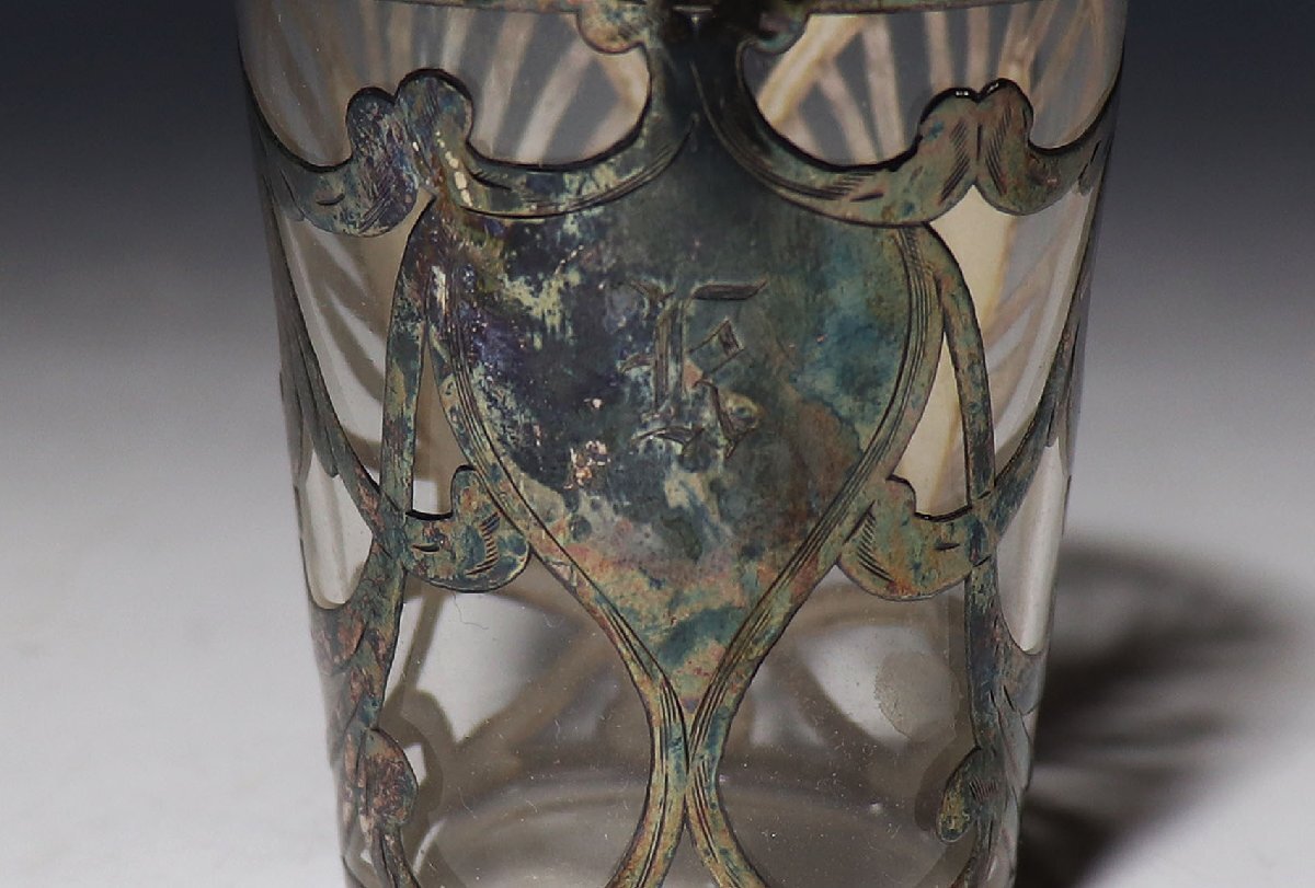 【桃】酒器ぐい呑み：銀製透かし彫麦紋様ガラスショットグラス_画像5