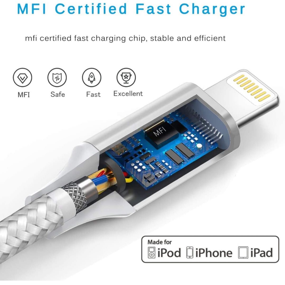 iphone 充電 ケーブル【MFi認証】ライトニング 2M 3本セット 充電器  lightning 急速充電 シルバーグレー