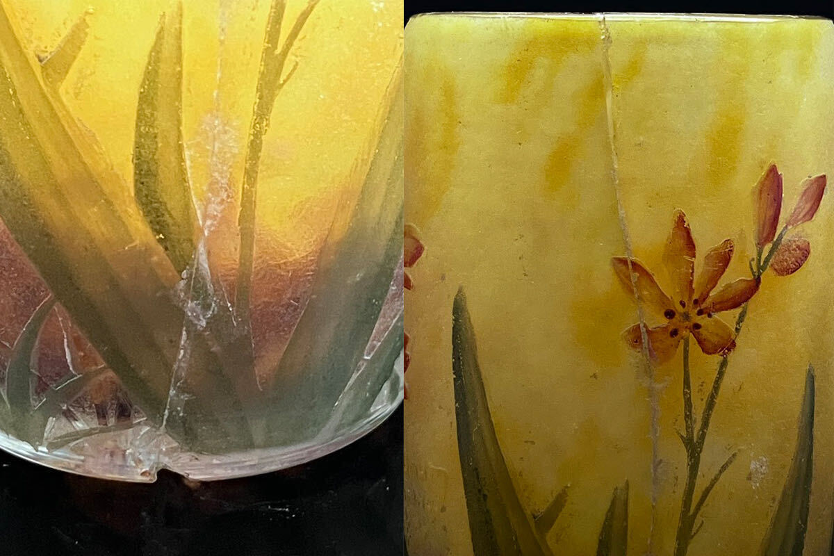 ドームナンシー クロコスミア文グラス 割れあり 入手困難 Daum Nancy アールヌーボー フランスアンティーク アンティークガラス 高さ8.7cm_画像9