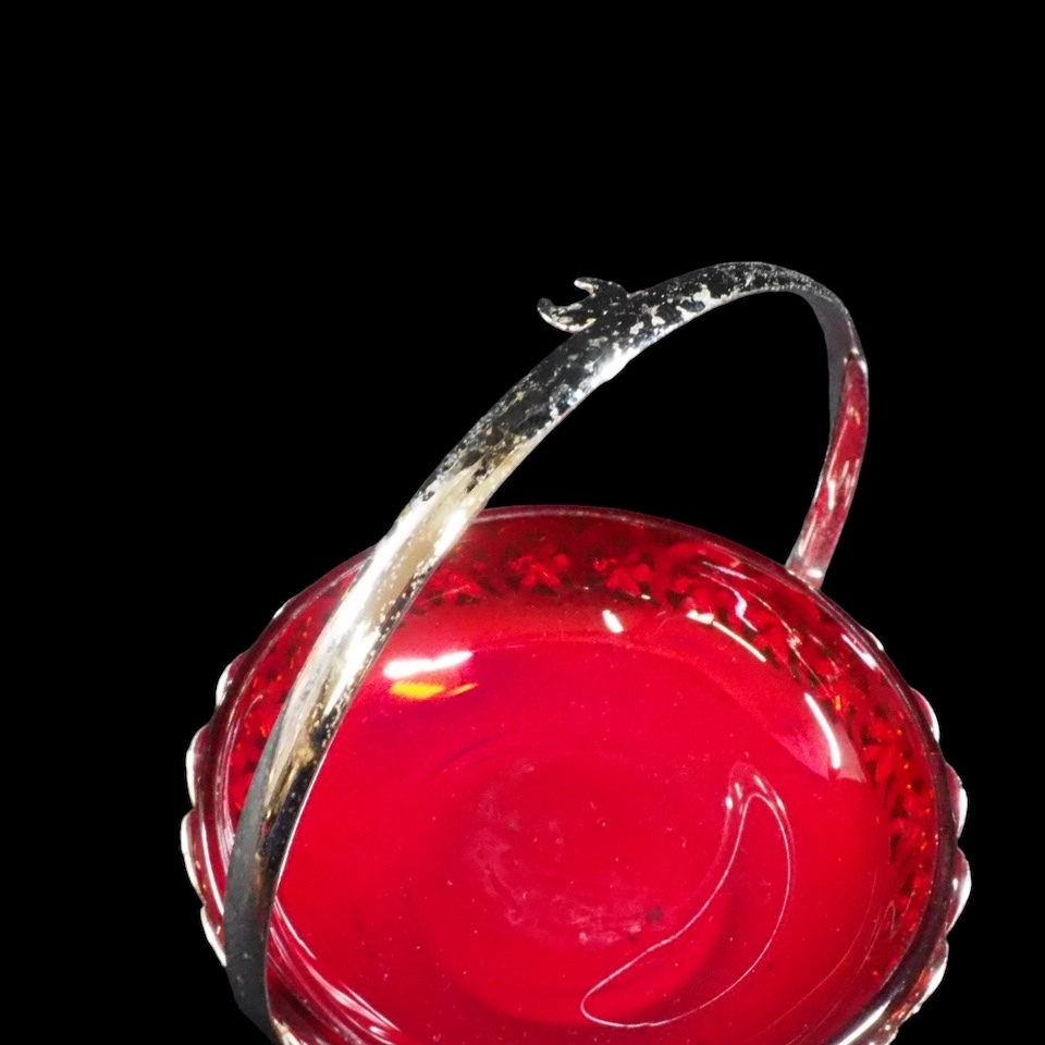 英国ビンテージ 英国製 銅赤ガラス 透かし細工ティーセット シルバーメッキ クリーマー・シュガーポット・バスケット 1970年代SHI605_画像8