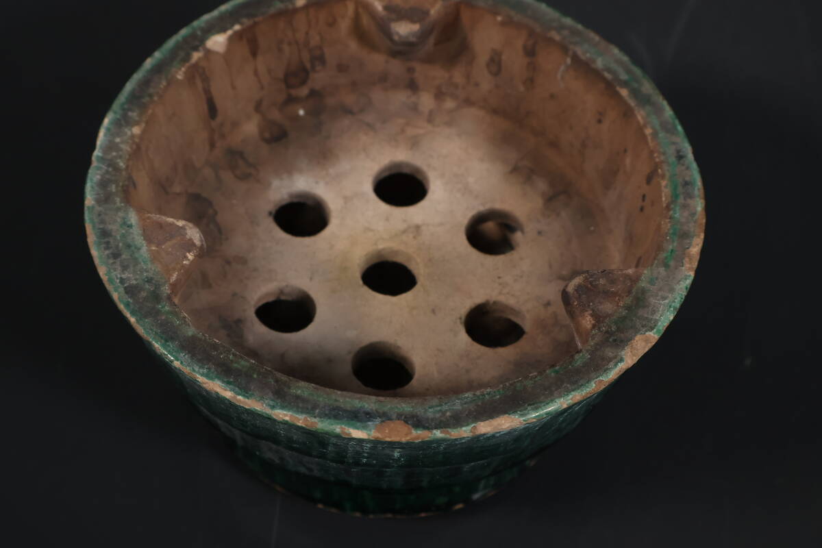 【和】(9369)　時代古作　緑交趾涼炉　松斎在銘　煎茶道具　茶道具　湯沸_画像5