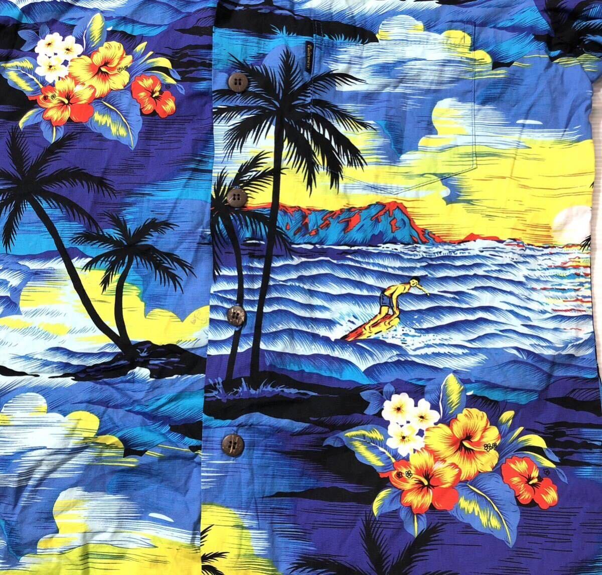 ● Palmwave ● ロゴ ラベル ハイビスカス×ヤシの木×海 総柄 開襟 半袖 アロハシャツ ブルー系_画像4