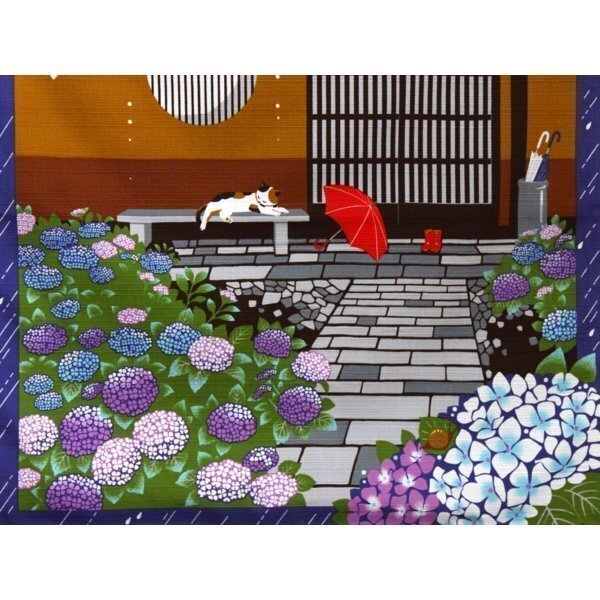 タペストリー 壁掛け 掛軸 みけの雨宿り 紫陽花 アジサイ 6月_画像3