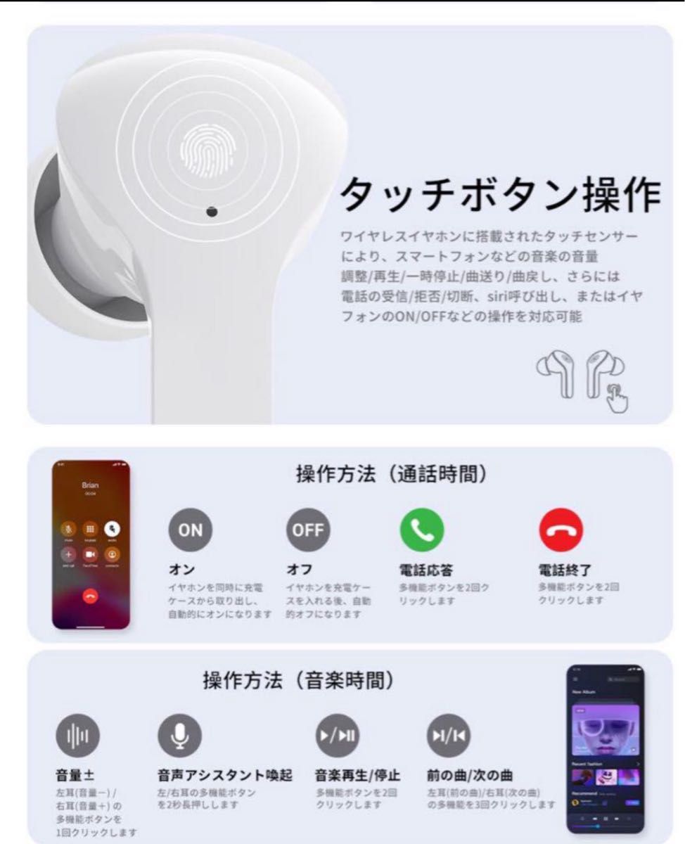 新品未使用 ワイヤレスイヤホン Bluetoothイヤホン ホワイト 白