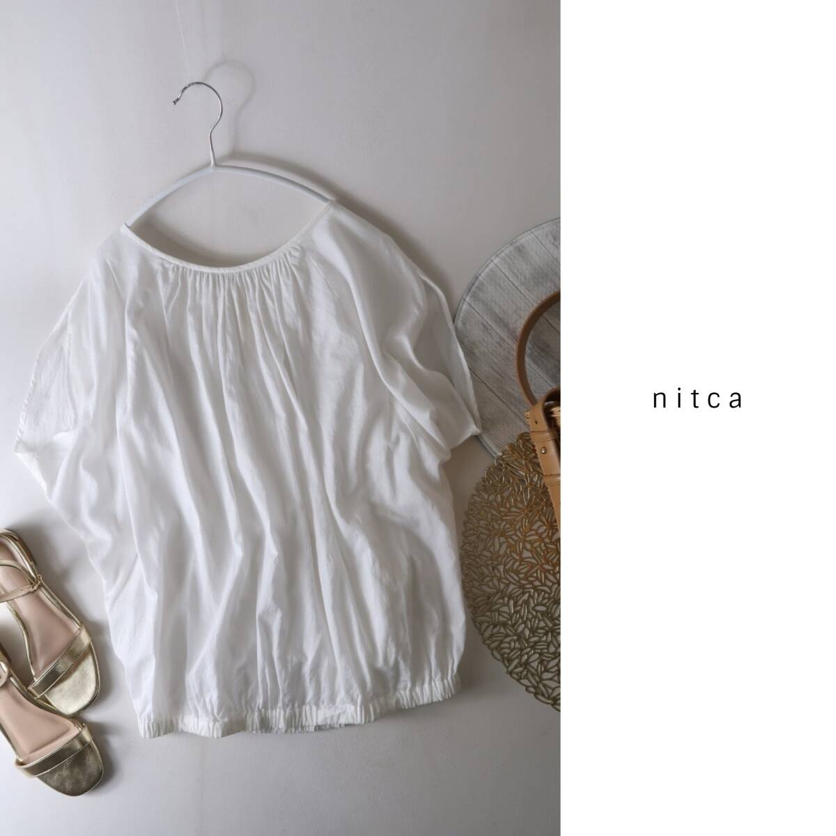 ニトカ nitca☆洗える 綿100％ ギャザーデザイン ノースリブラウス フリーサイズ 日本製☆A-O 4252の画像1