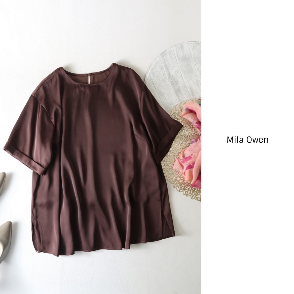 ミラオーウェン Mila Owen☆洗える Tシャツライクサテントップス 0サイズ☆M-S 1736_画像1