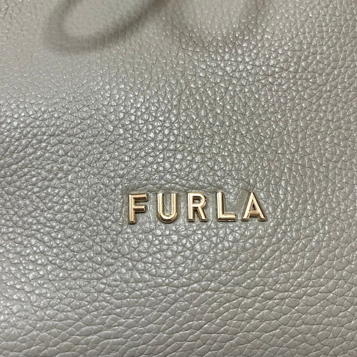 希少 美品 FURLA フルラ コスタンザ 2way ショルダーバッグ ハンドバッグ 巾着 現行ロゴ レザー バイカラー グレー