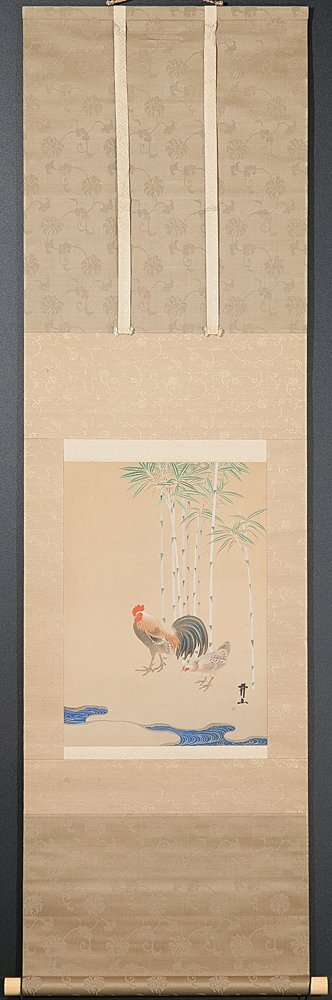 【五】木村武山 『双鶏』 真作 絹本 彩色 掛軸 共箱_画像2