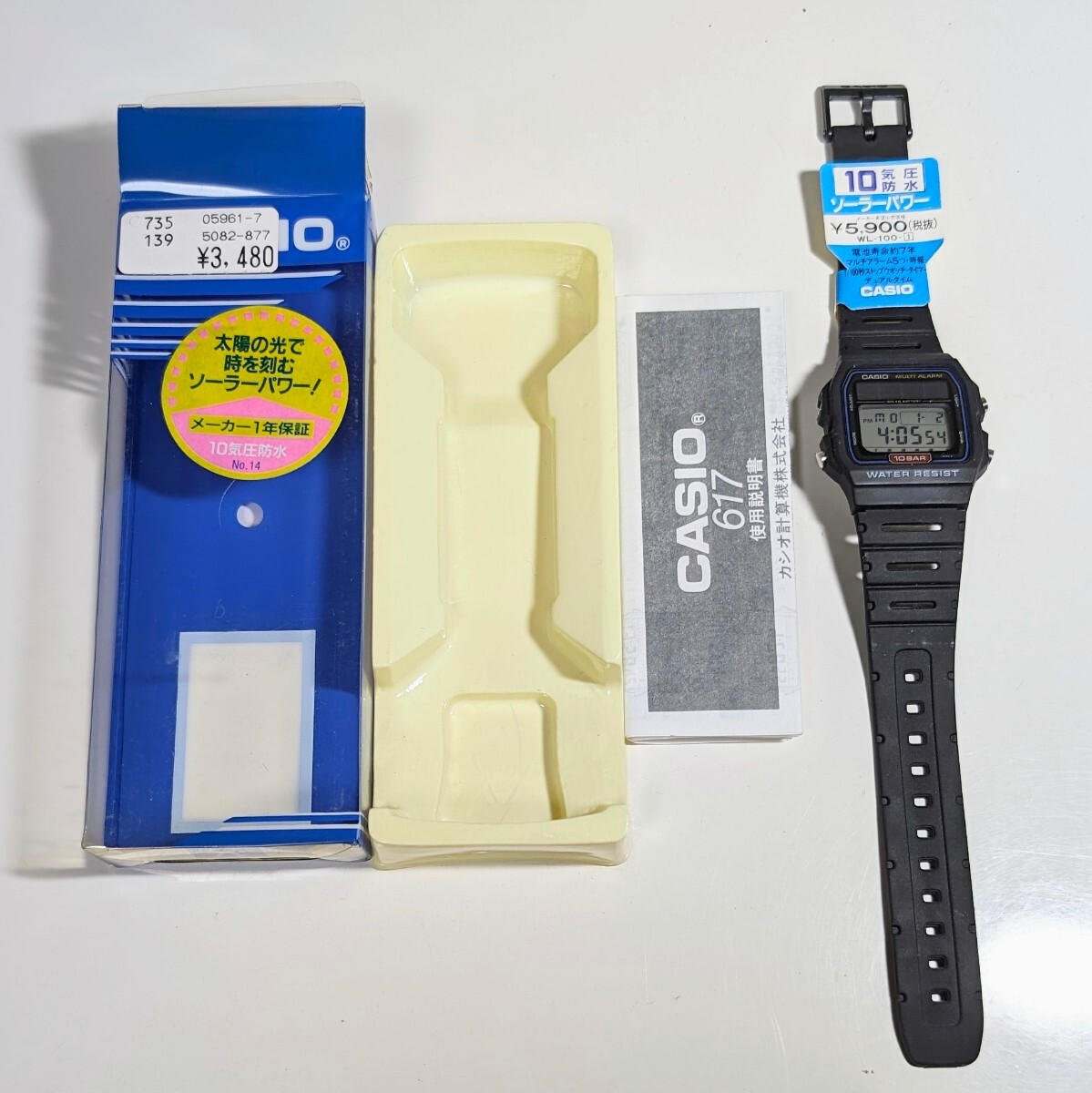 未使用保管品 当時物 希少レア CASIO MULTI ALARM WL-100 カシオ マルチアラーム ソーラーバッテリー WL-100 説明書 箱付 現状品_画像2