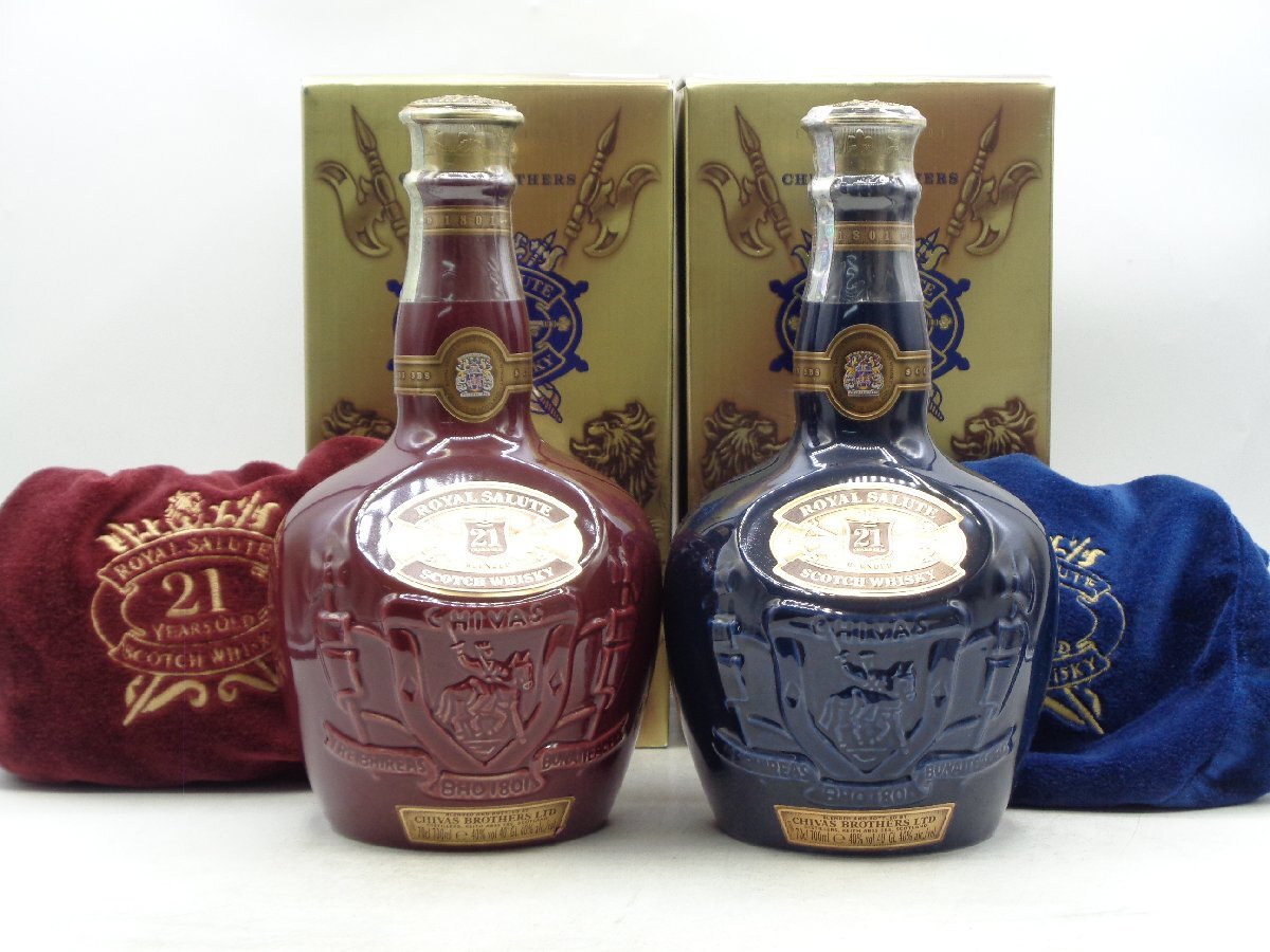 【1円】～ 2本セット ROYAL SALUTE 21年 ロイヤル サルート 赤 青 陶器 スコッチ ウイスキー 700ml 40% 箱入 G25377.X269435_画像1