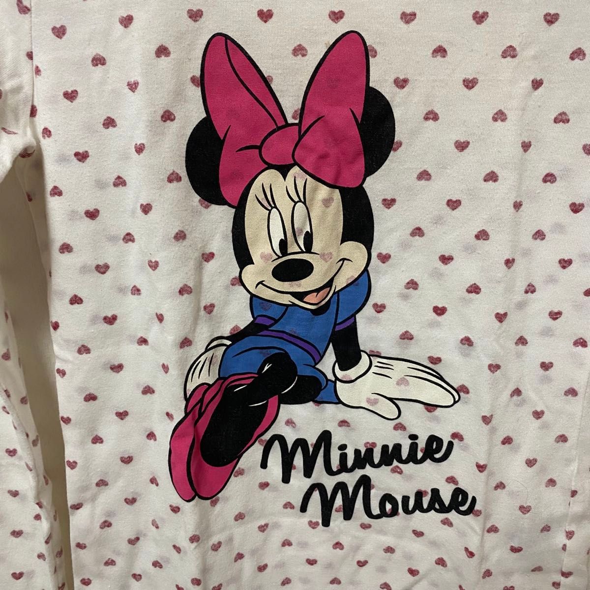 【Disney ミニーマウス】 カットソー 長袖 ロンT コットン Tシャツ 長袖Tシャツ 綿 ピンク　ホワイト　白色　ハート柄