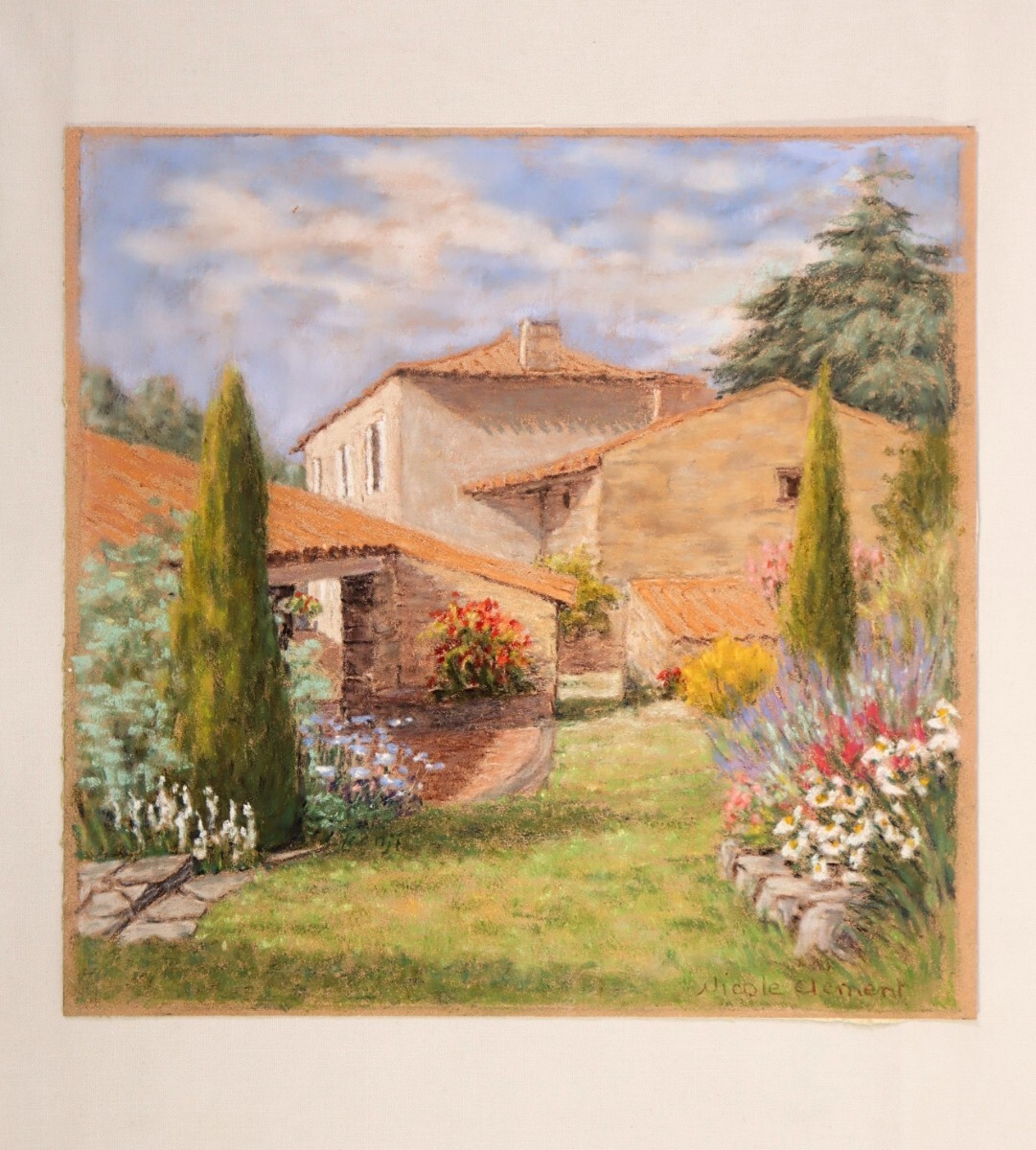 真作 ニコル・クレマン 1999年頃パステル「陽のあたる庭」画 31×30.5cm 仏人女流作家 輪郭線を使わず色彩の変化で形と明るい光を表現 9021_画像2